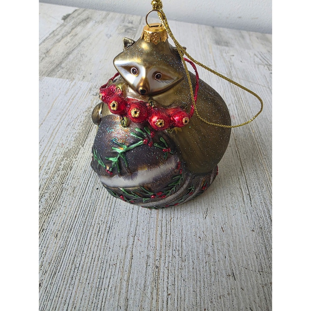 Vintage roly poly raccoon animal glass ornament glitter Xmas tree wildlife